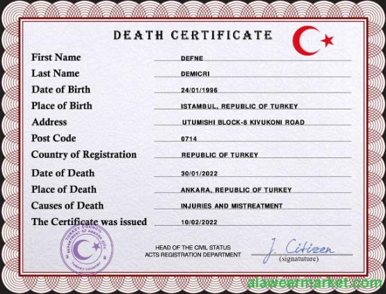 Turkey death certificate PSD template